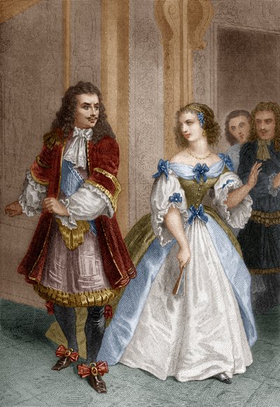 Personaggi da Il Misantropo di Molière: Alceste, Celimene, Eliante, Filinte, incisione di Delannoy, 1870 da Pierre Gustave Eugene 1817 82 after Staal